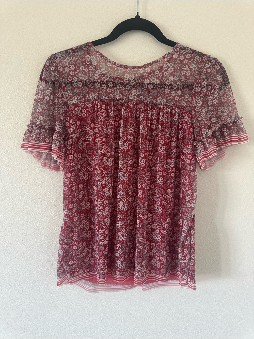 Max Studio Women’s Sheer Floral Red Short-Sleeve Blouse